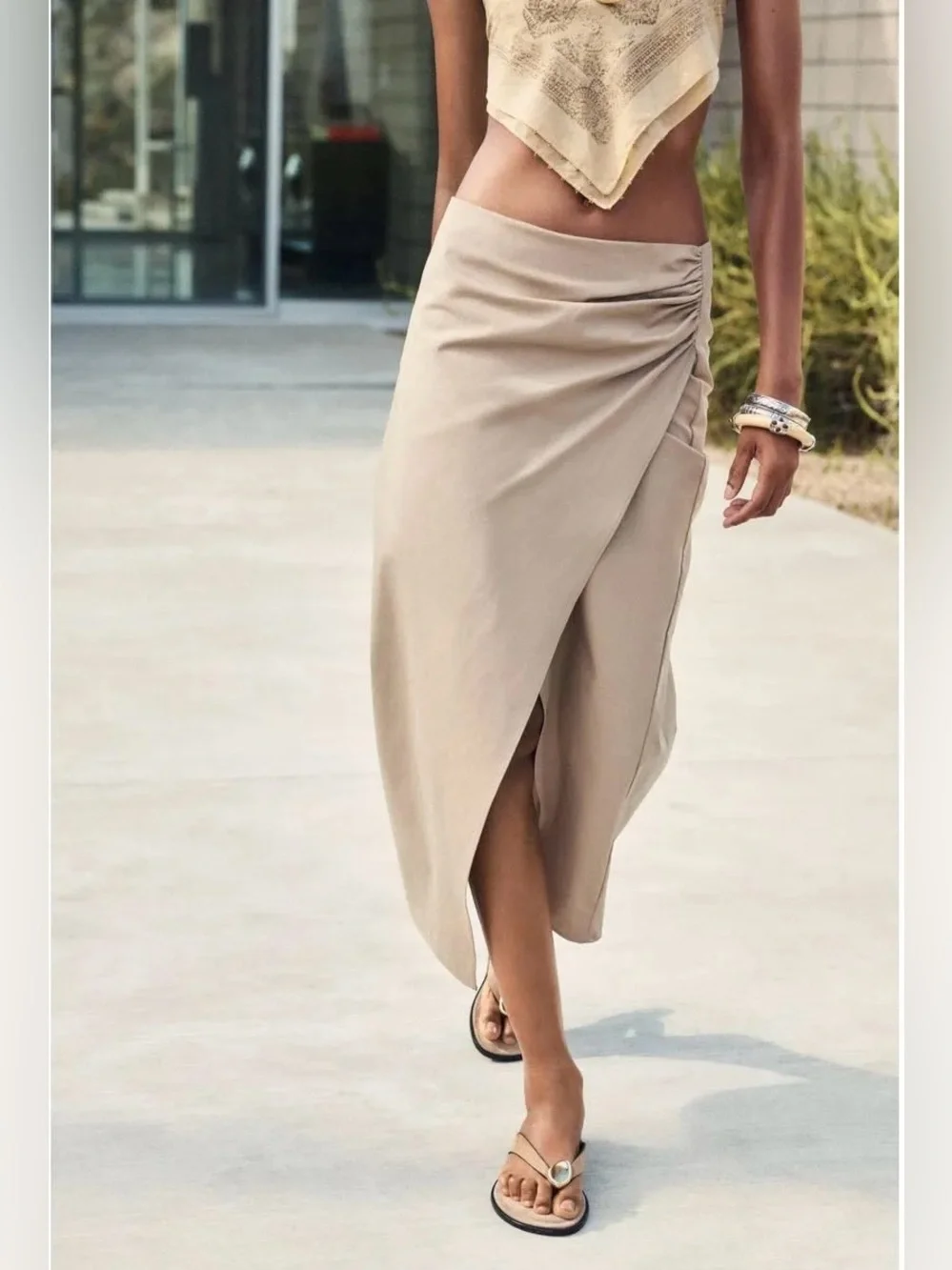 Zara Neutral 100% Cotton Asymmetric Ruched Wrap Midi Skirt Women’s Size Large